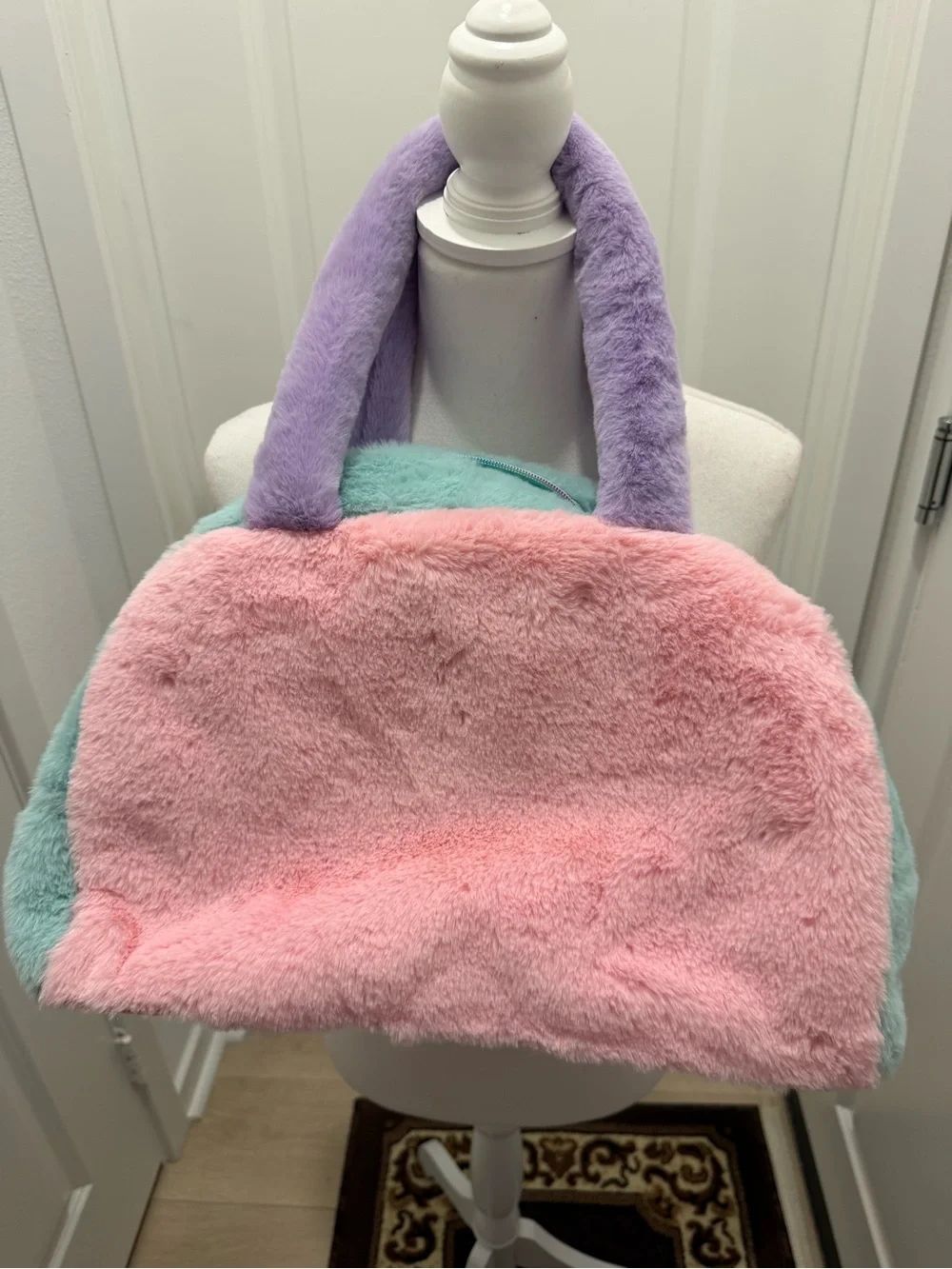 Justice Dance Faux Fur Duffel Bag Pastel Pink Blue Purple Glitter Kids Tote